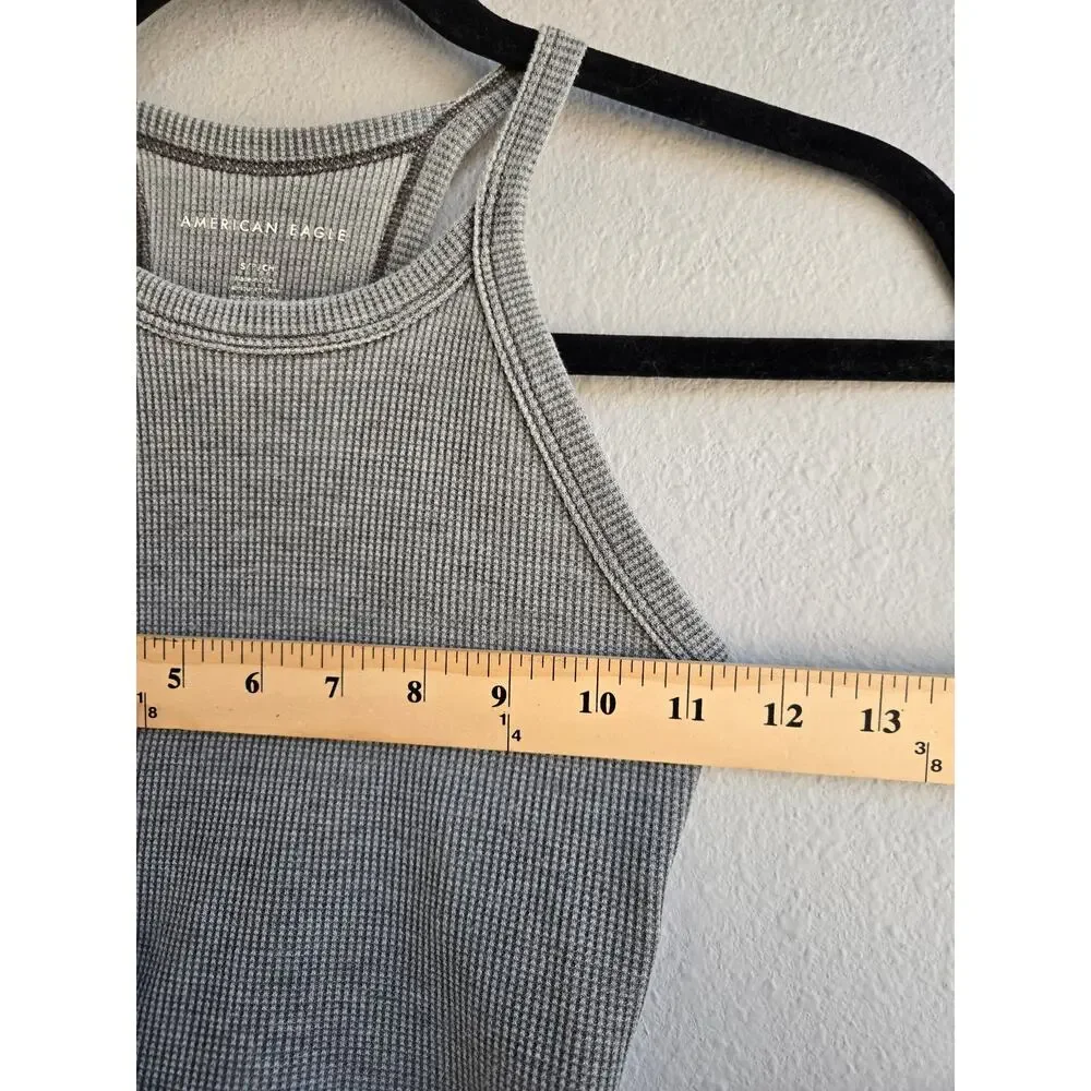 American Eagle Waffle Knit Cropped Tank Top High Neck Racerback Gray Size S‎